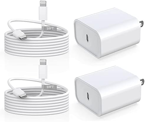 iPhone Töltő Gyors Töltés 10 FT [Apple Mpi Hitelesített], 2 Csomag PD 20W USB-C Fali Töltő Blokk 10FT