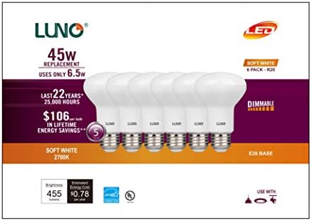 LUNO R20 Szabályozható LED Izzó, 6.5 W (45W Egyenértékű), 455 Lumen, 2700K (Puha, Fehér), Közepes Bázis