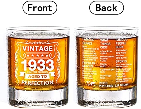 Régi Szemüveg-1933-Vintage 1933 Régi idők Információk 10.25 oz Whiskyt Jéggel Üveg-90 Szülinapi korban